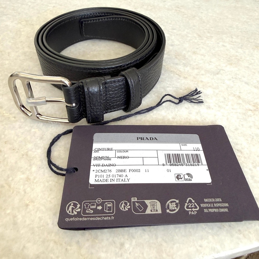 Prada 2CM276 Men's Pebbled Black Leather Belt silver buckle, 110cm - Picture 4 of 8